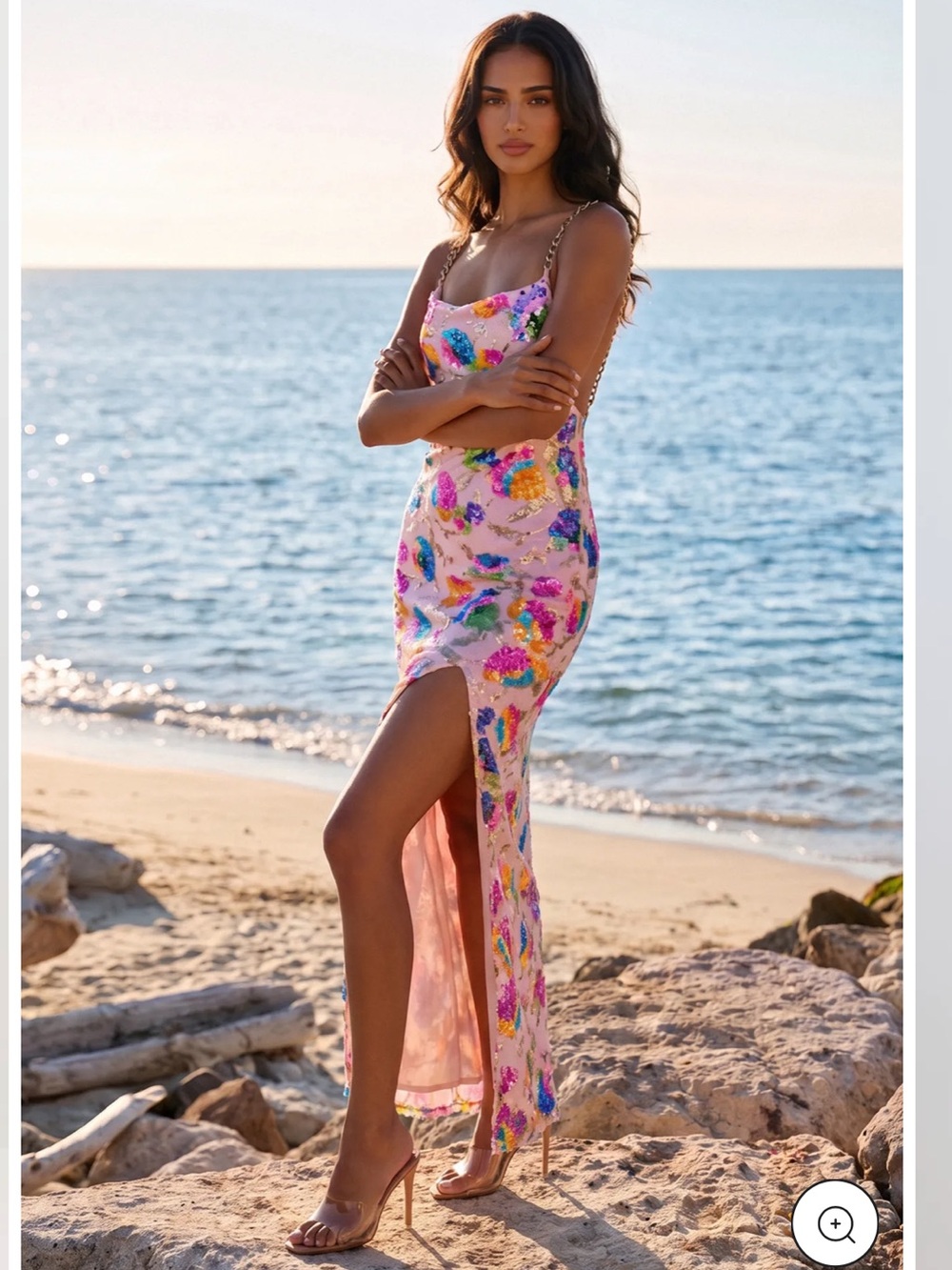 Sequin-Embellished Pink Maxi Slip Dress with Chain Straps